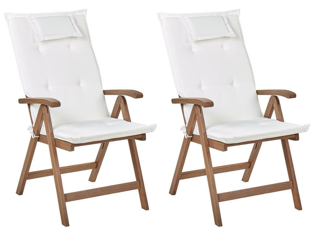 Beliani Sada 2 záhradných skladacích stoličiek z tmavého akáciového dreva s krémovo bielymi vankúšmi AMANTEA